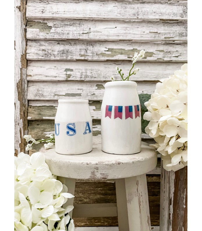 Antique Ironstone Churn Pots w/ USA, Flag transfers - LTD